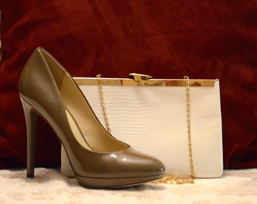 Vintage White Leather Clutch and Patent Leather Pump