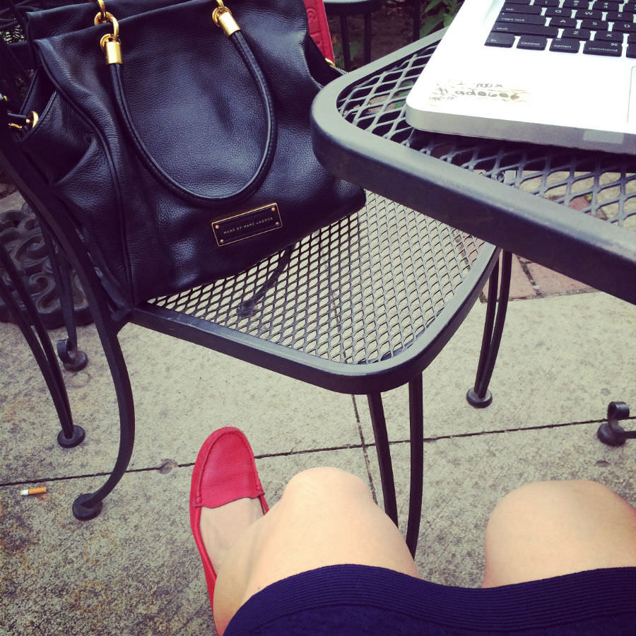 Red Driving Loafers and Marc Jacobs Bag