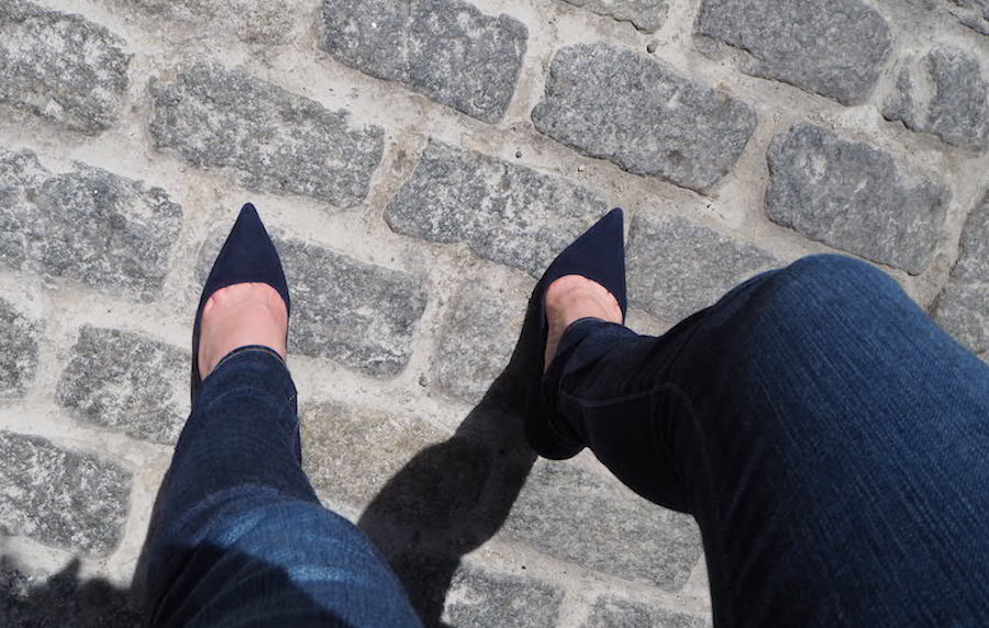 Denim and Suede Manolos on Cobblestones