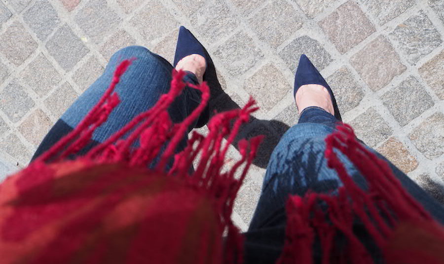 Red scarf and suede Manolos spring Sunshine in Tribeca